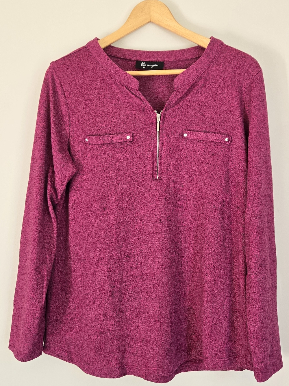 Lily Morgan Heathered Fuchsia Quarter Zip Long Sleeve Top Office Casual
